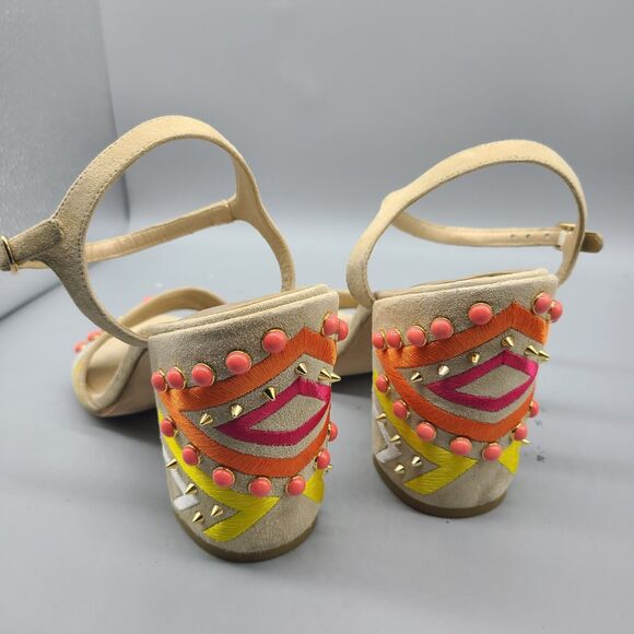 Stuart Weitzman Both Sandal  chunky Heel Ankle Straps beige embellished  Sz 8 - Picture 6 of 9